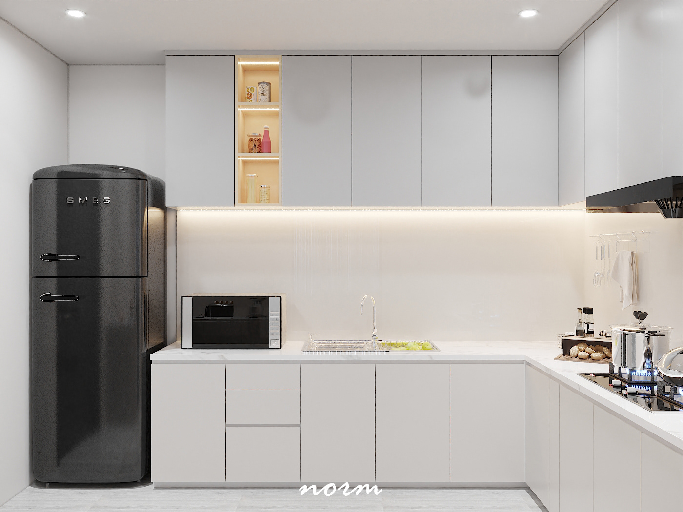 This kitchen has plenty of counter space and a well-supported lighting system. Furthermore, devices in this area are very modern and versatile. They are properly arranged to maximize available space while remaining neat and simple in the kitchen process.