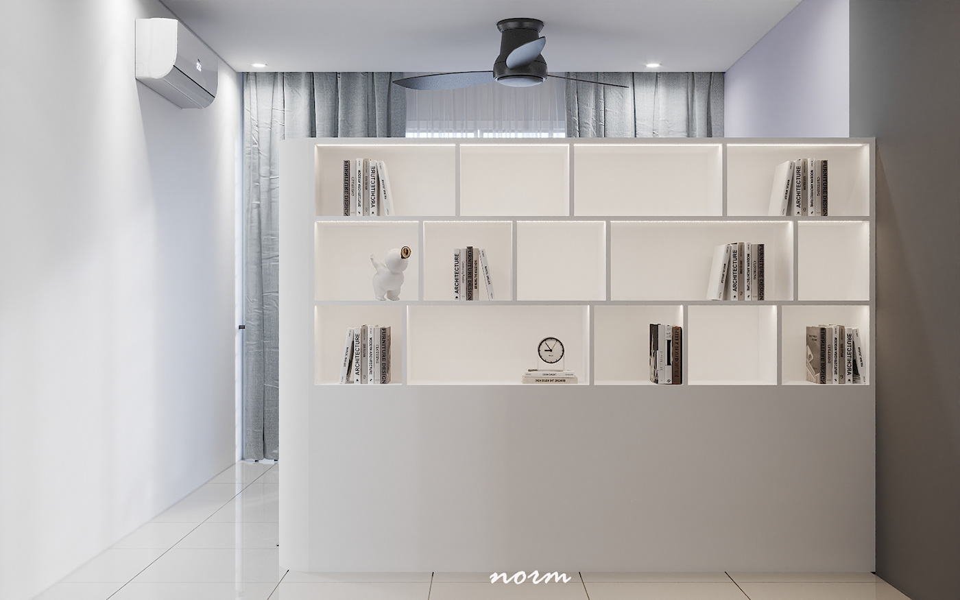 In this space, a large white bookshelf with a minimalist warm light system is the ideal choice. Despite its simplicity, the sophistication emanating from its structure and color it possesses can still attract people's attention.