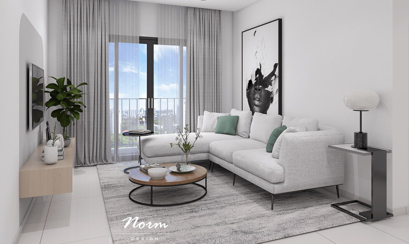 A light gray sofa is one of the most common pieces of furniture in apartments in Scandinavian style, which has slim round wooden bases, adding interest to this otherwise simple sofa. A little greenery is also necessary; the appearance of a few small potted plants gives this space a sense of closeness and friendliness.