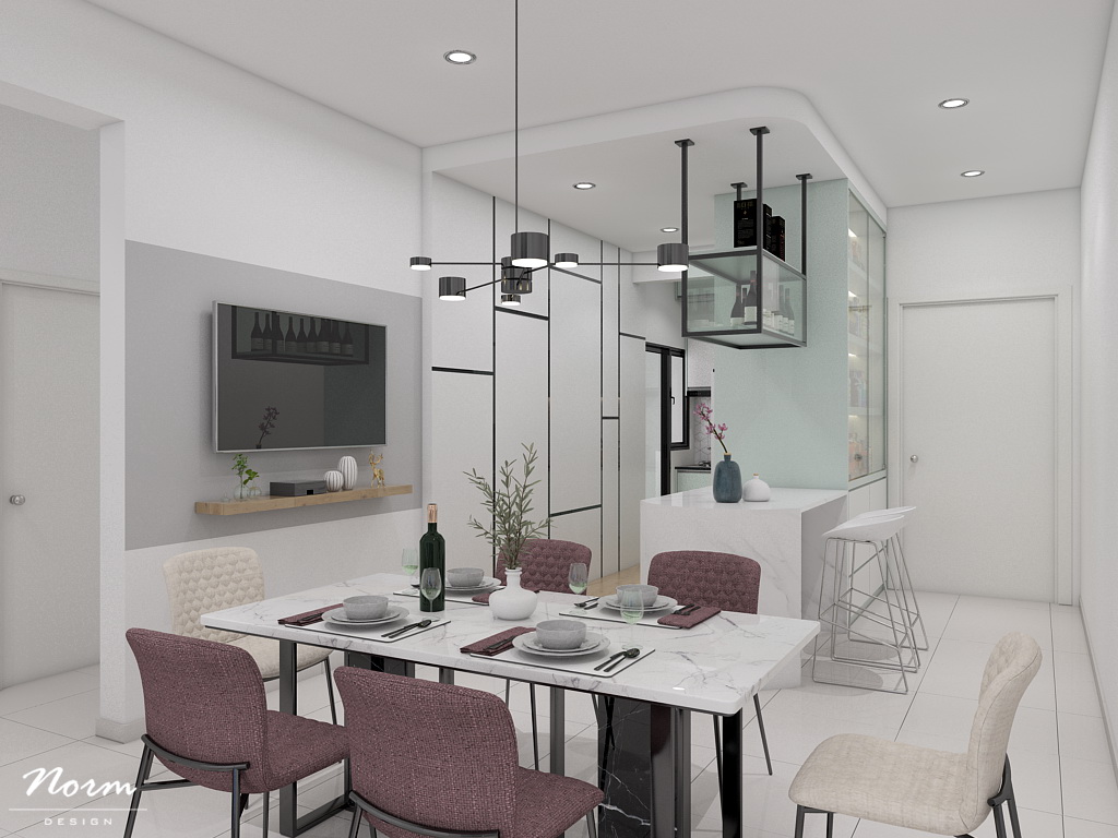 The dining area's interior has been carefully chosen, with textured marble countertops creating a warm and luxurious atmosphere. They also increase the visual sense effect and light penetration by planning the interior and exterior kitchen partitions to shape other zones.