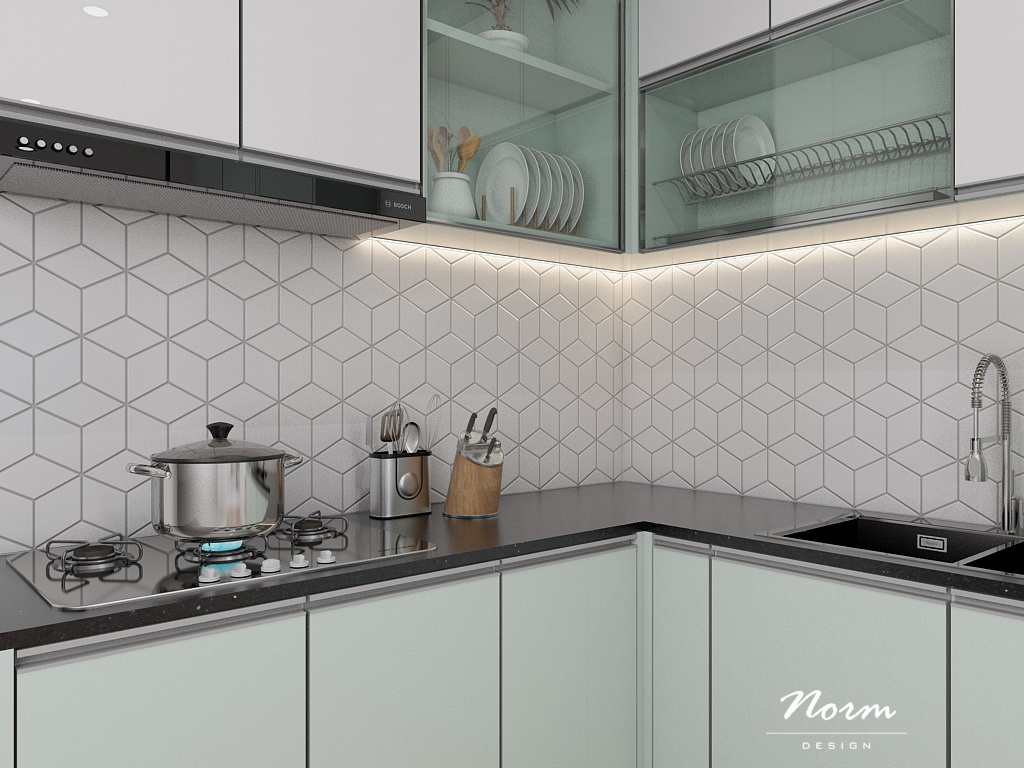Modern kitchen devices with opulent designs and a wide range of functions will undoubtedly meet the needs of apartment owners. A cabinet system is placed within reach, ensuring both aesthetics and a large capacity, which aids the kitchen process significantly.