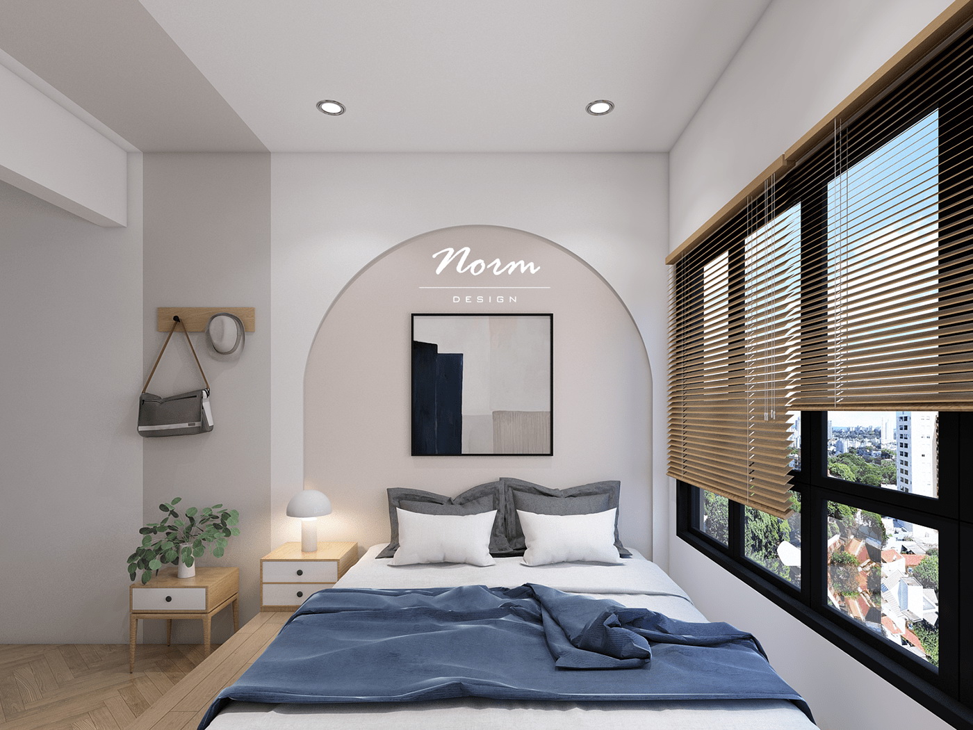 Monochromatic colors are used in the Scandinavian style bedroom, which helps to make the space more comfortable and cozy. With the addition of a large window with wooden shutters for privacy, natural light is fully utilized.