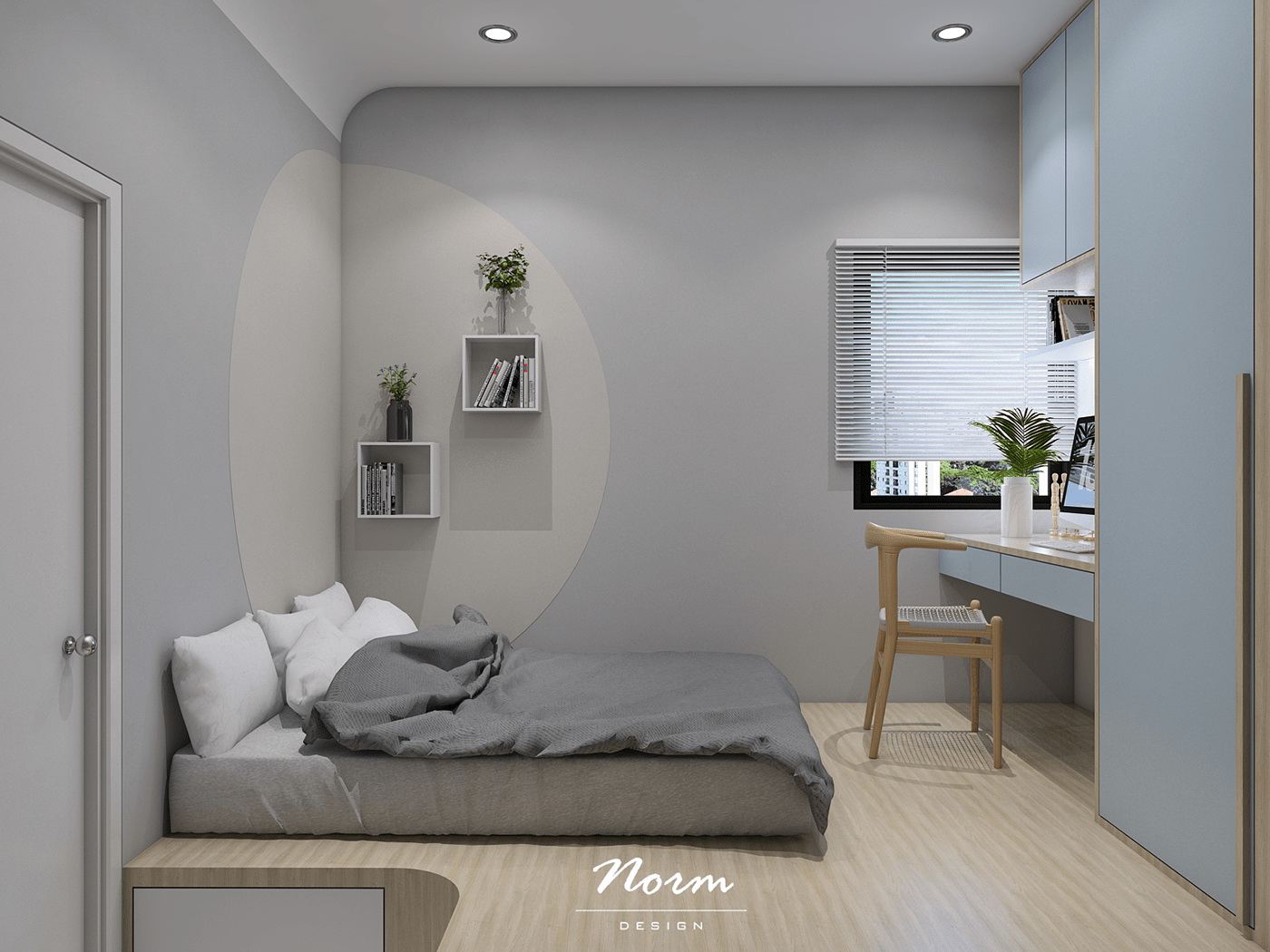 The main colors in this room are gray and pastel blue, with multi-purpose furniture such as wall shelves and high-rise cabinets to save space and add to the delicate beauty.