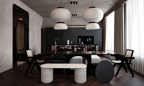 Although the main colors are only white and black, this dining area has a unique combination with the novel design coming from the chairs and dining table.