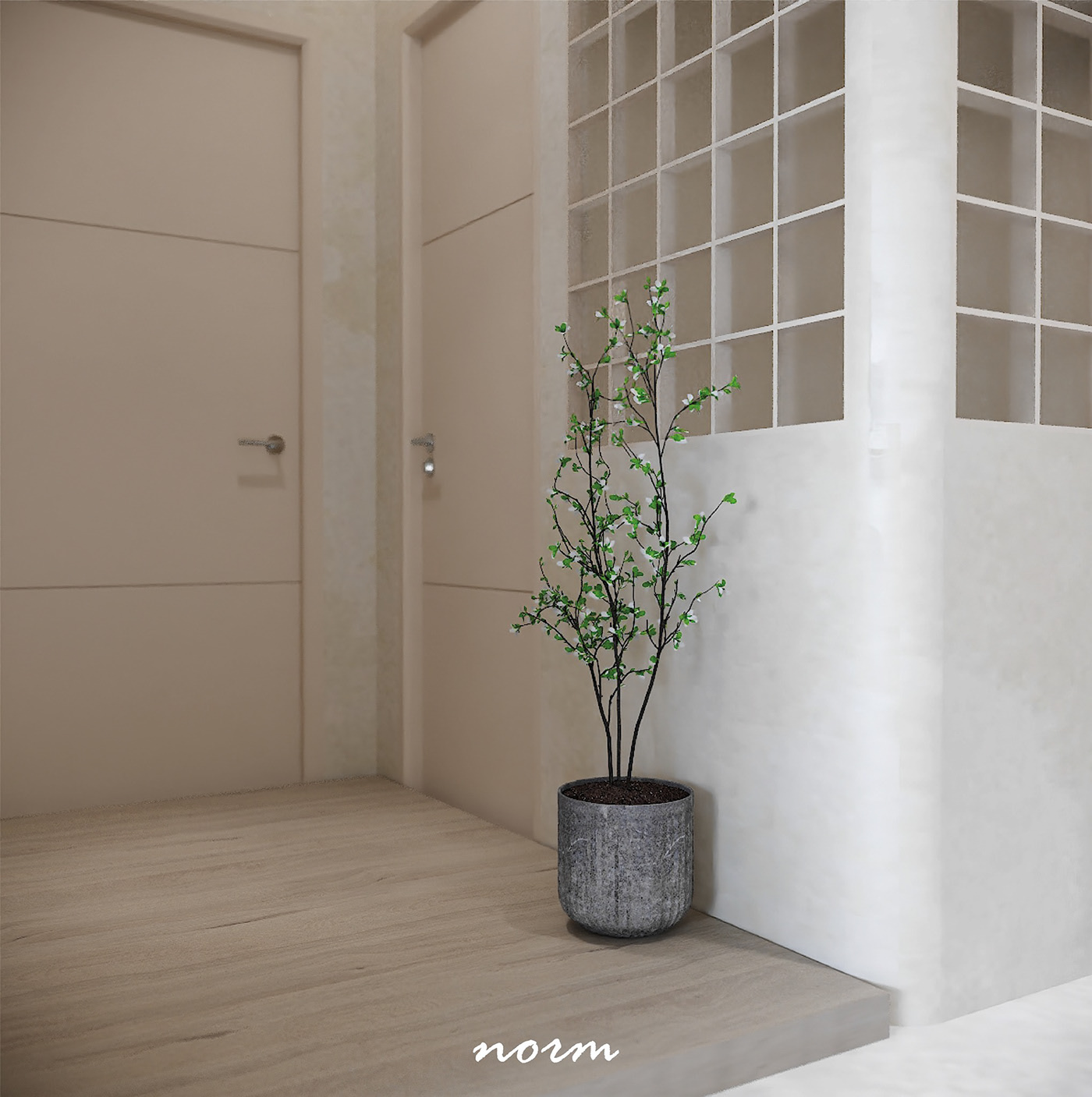 Another potted plant is placed in this corner as a boundary for the transition to another area combined with beige and ivory white to create a sense of elegance.