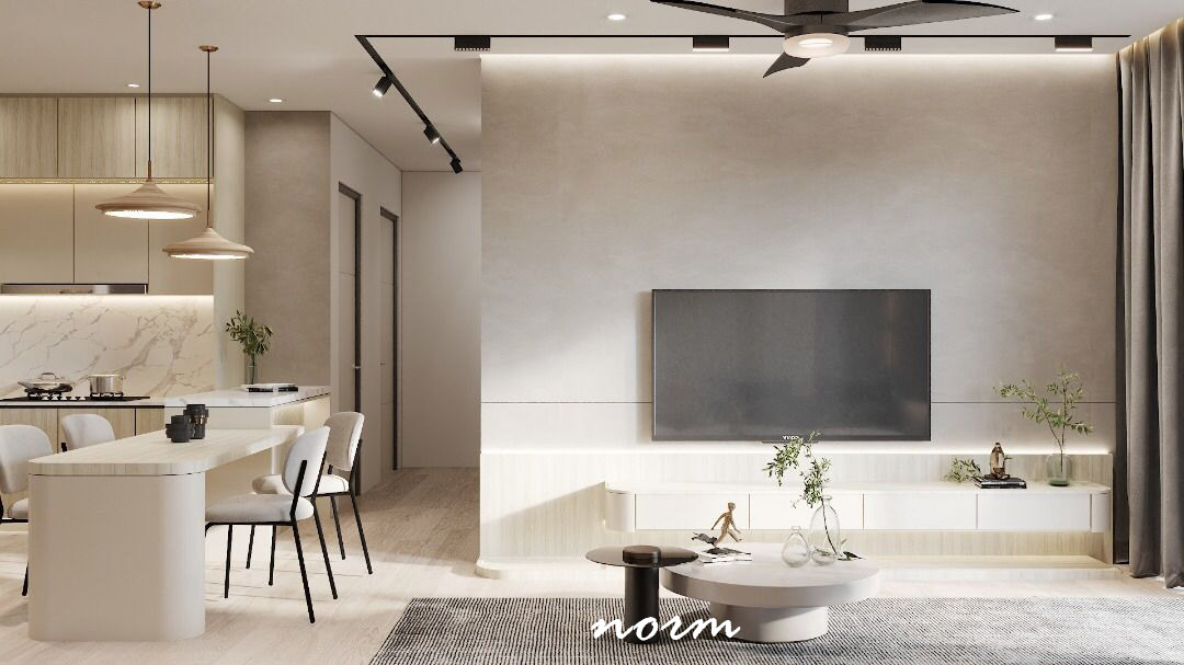 Another living room is designed with simple furniture on a warm and comfortable background.