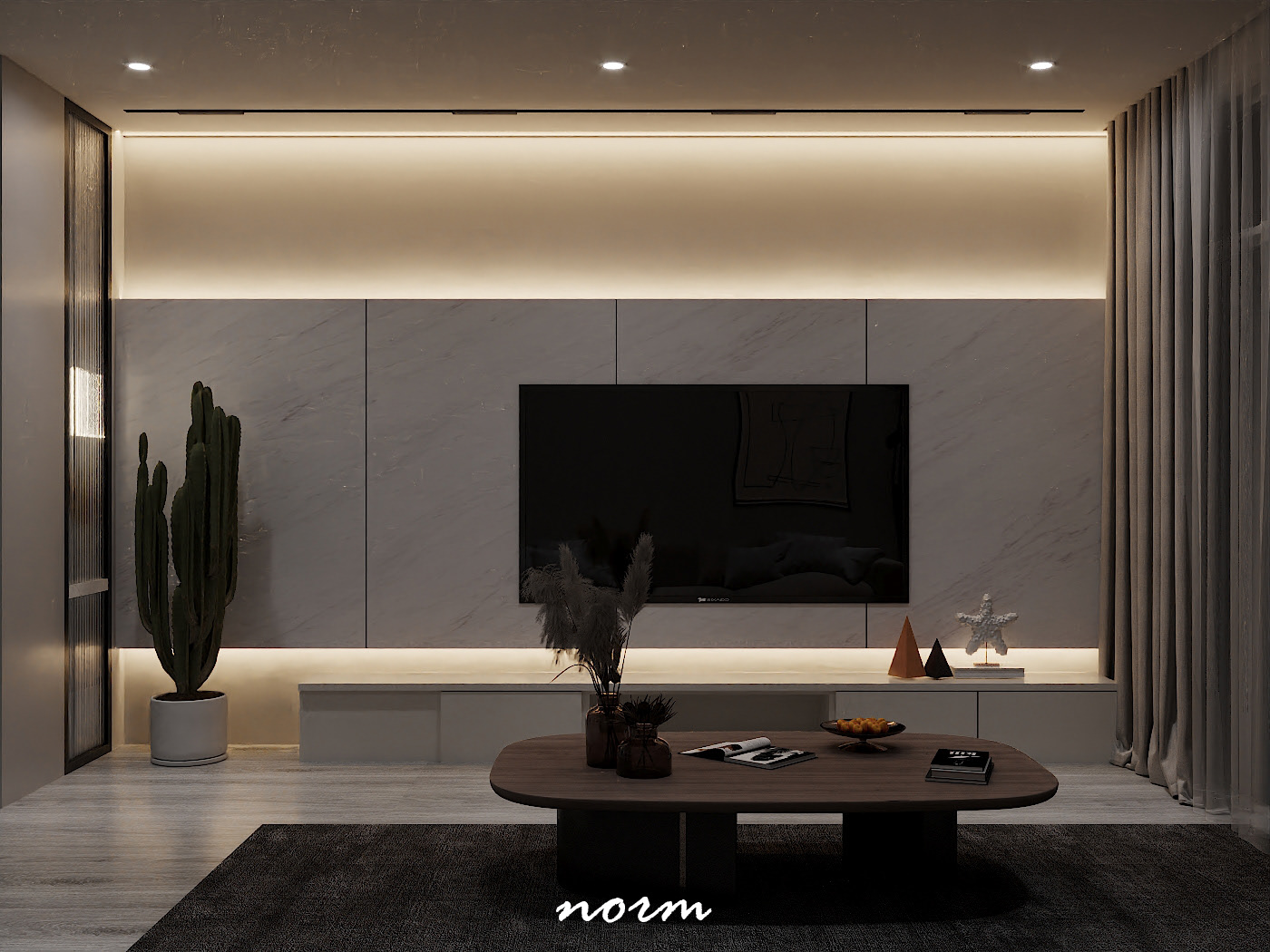 Its white marble wall above the TV is highlighted by a yellow lighting system.