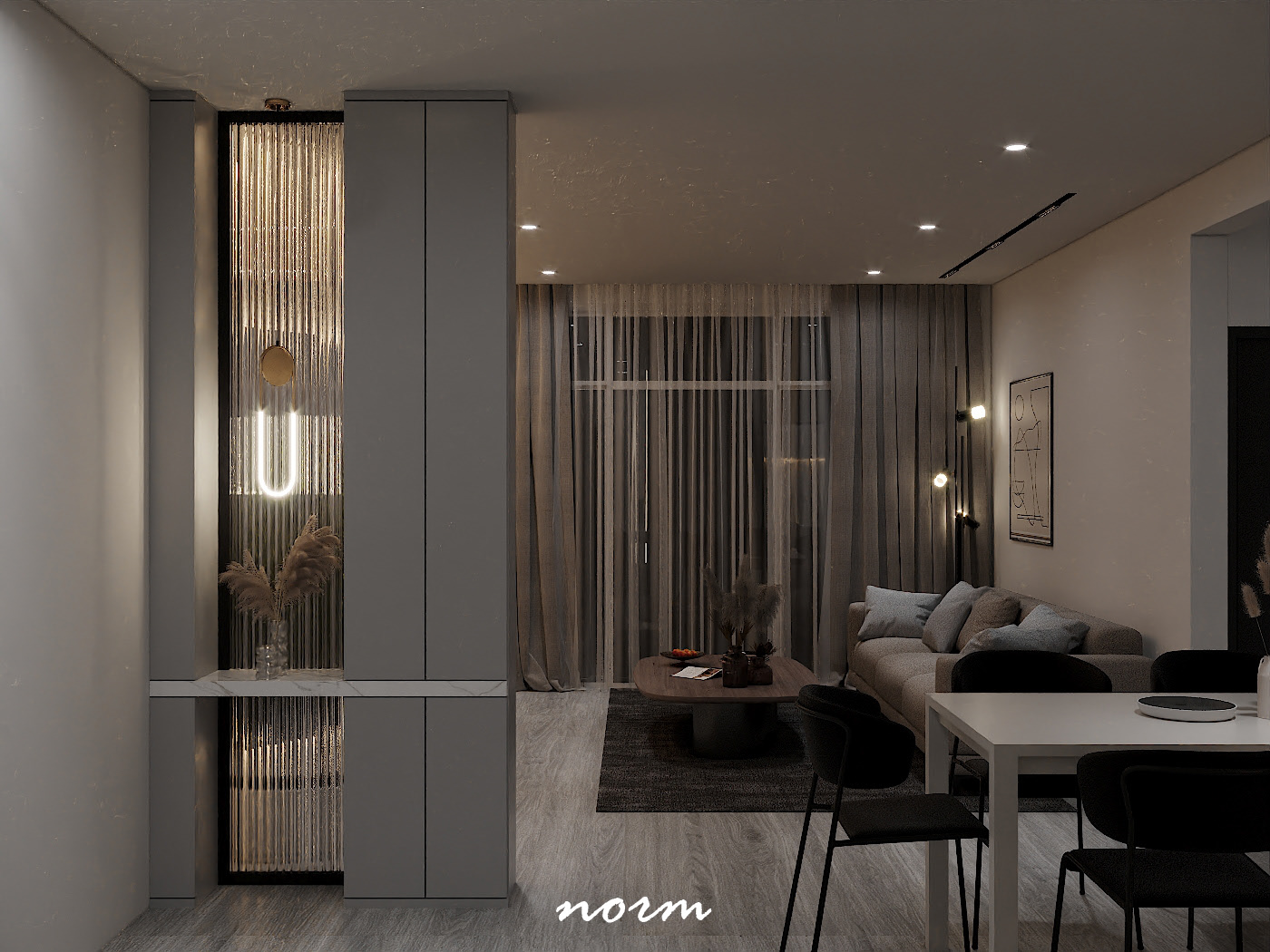 Its modern ceiling light system, combined with the illumination from decorative lamps scattered at various angles, ensures adequate lighting in this space.