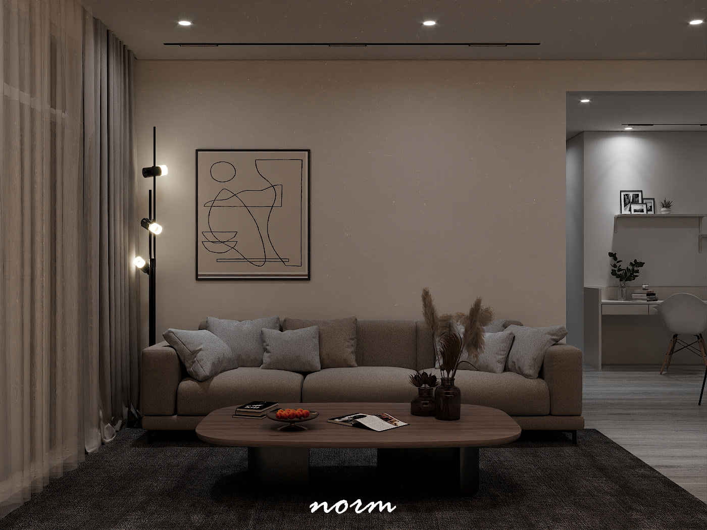 The highlight of the monochrome wall is a medium-sized picture in the back with an uncomplicated texture.