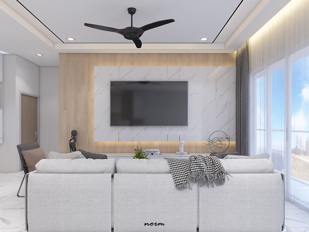 This is a joyful living room with a bright color scheme and a nice view from the mirrored window on the right.