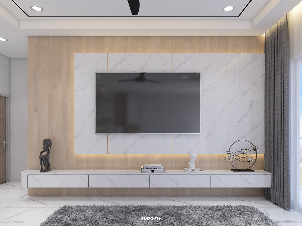 A wall behind the TV, as well as decorative shelves, are cleverly matched with white marble, which suit the floor.