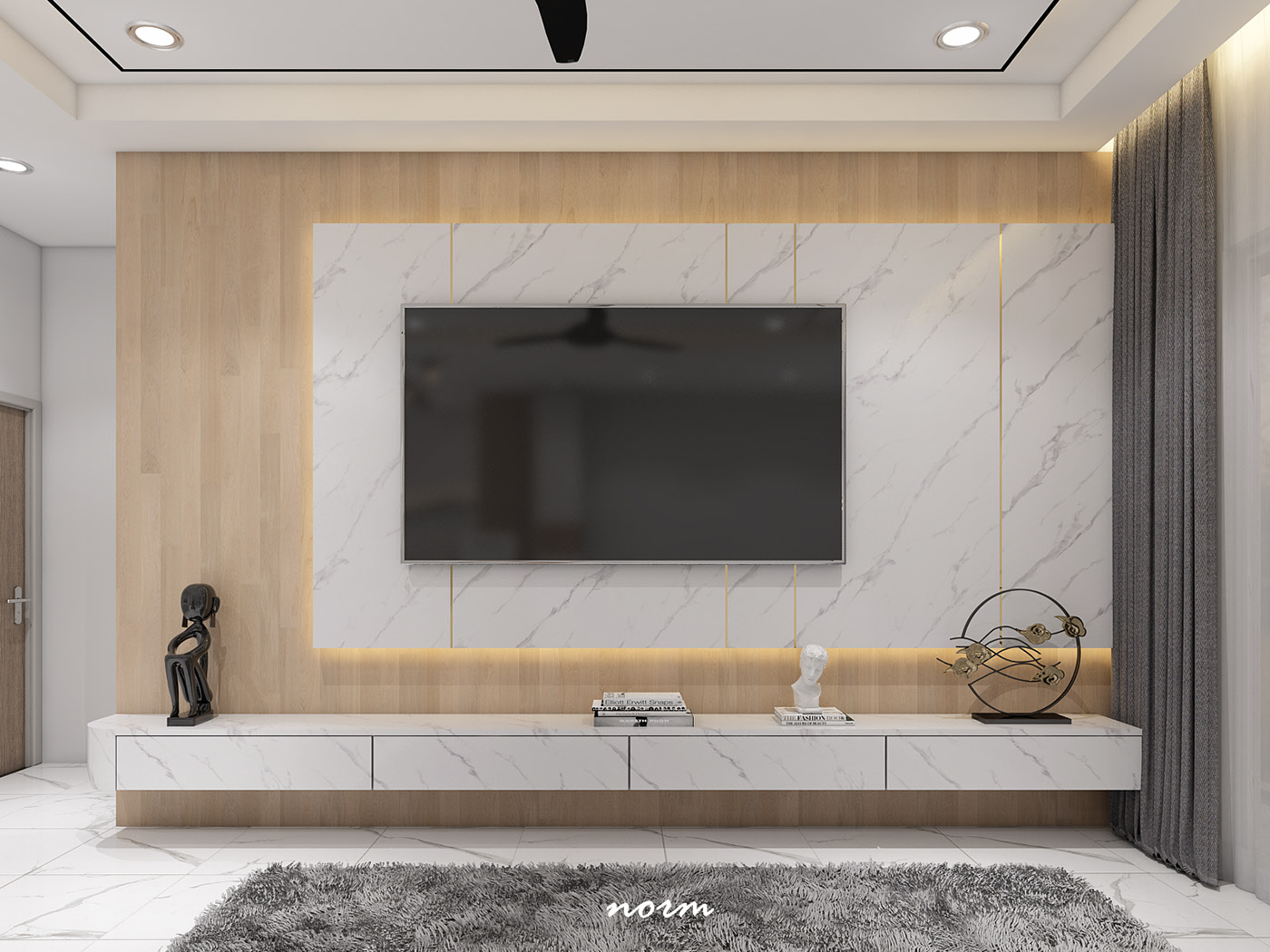 Several interesting figurines and books are interspersed on this white marble shelf to keep the space from being monotonous and empty.