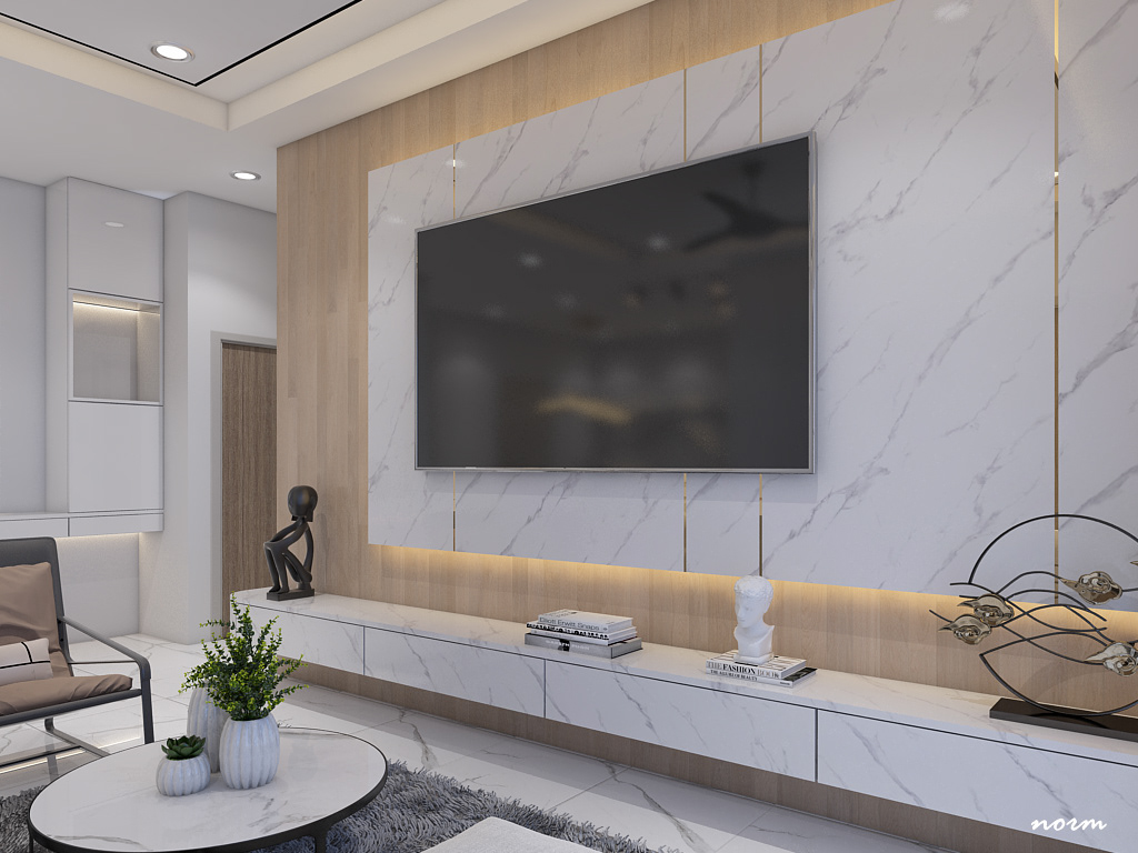 Against the dark gray rug, a small round white coffee table with a low base and a few pretty potted plants stands out.