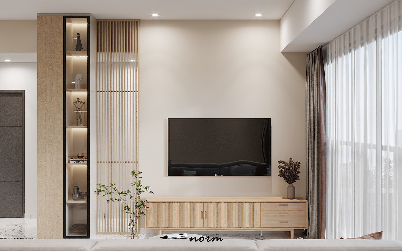 Soft and elegant colors, combined with accents of wooden cabinets and shelves, help to elevate this living room's sophistication while retaining the necessary warmth of the shared living space.