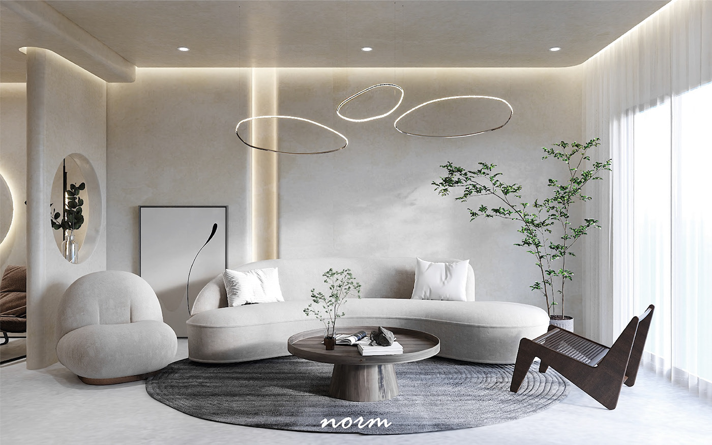 The combination of neutral colors creates a pleasing visual effect. A soft, rounded sofa stands out on a dark gray rug, with a low, round wooden coffee table in the center, creating a soft and comfortable atmosphere.