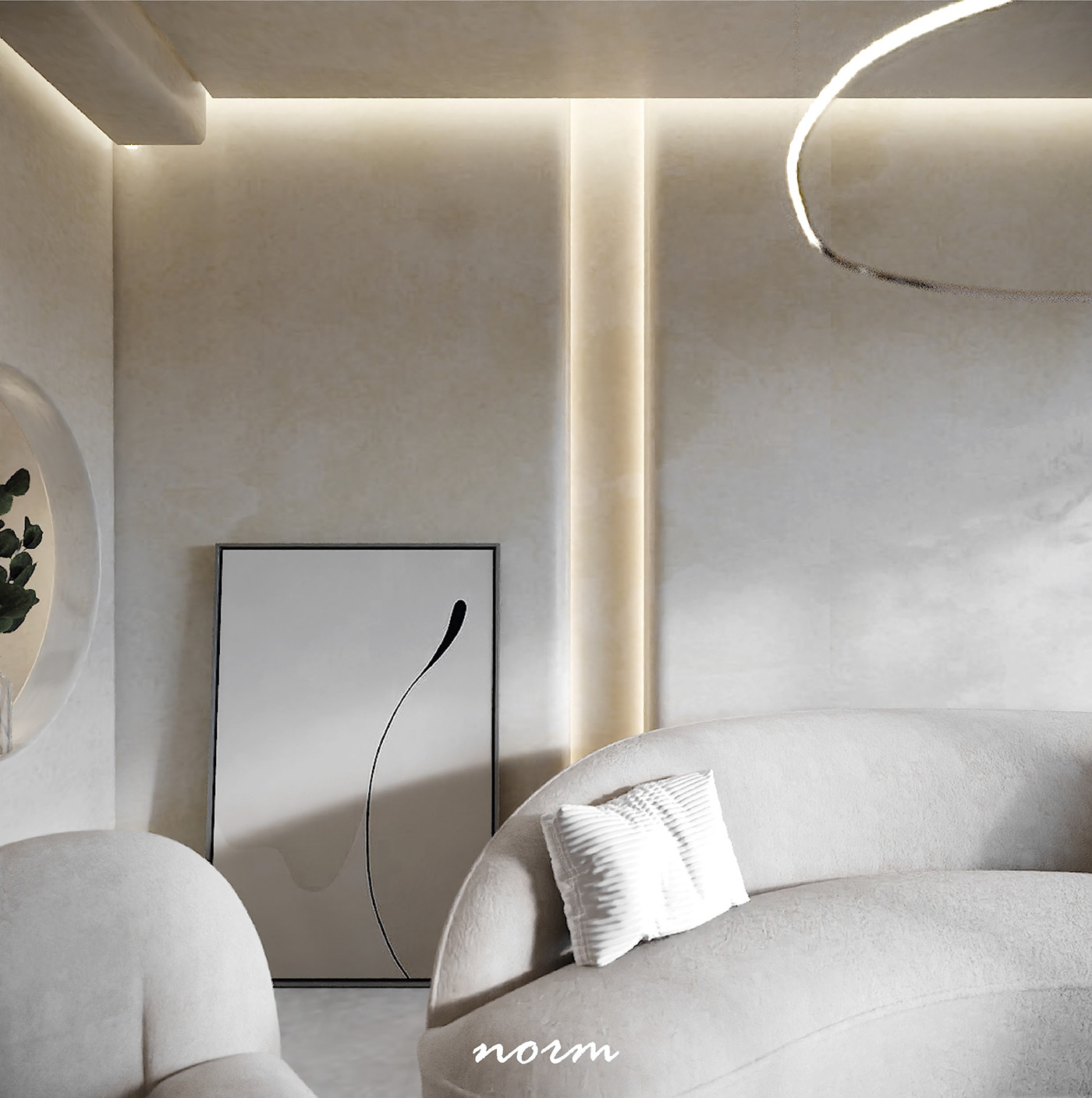 Unique design pendant lights along with a wall light system, and a simple canvas painting in the left corner highlight this room.