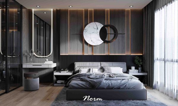 This is an ideal bedroom to rest in after a busy day in modern life, with the dark wood grain and neutral tones of furniture expressing its comfort.