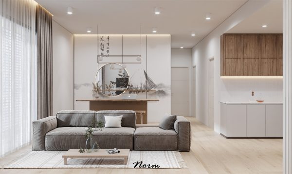The living room and dining room are connected with simple white, gray, and wood grain to create a calm side.