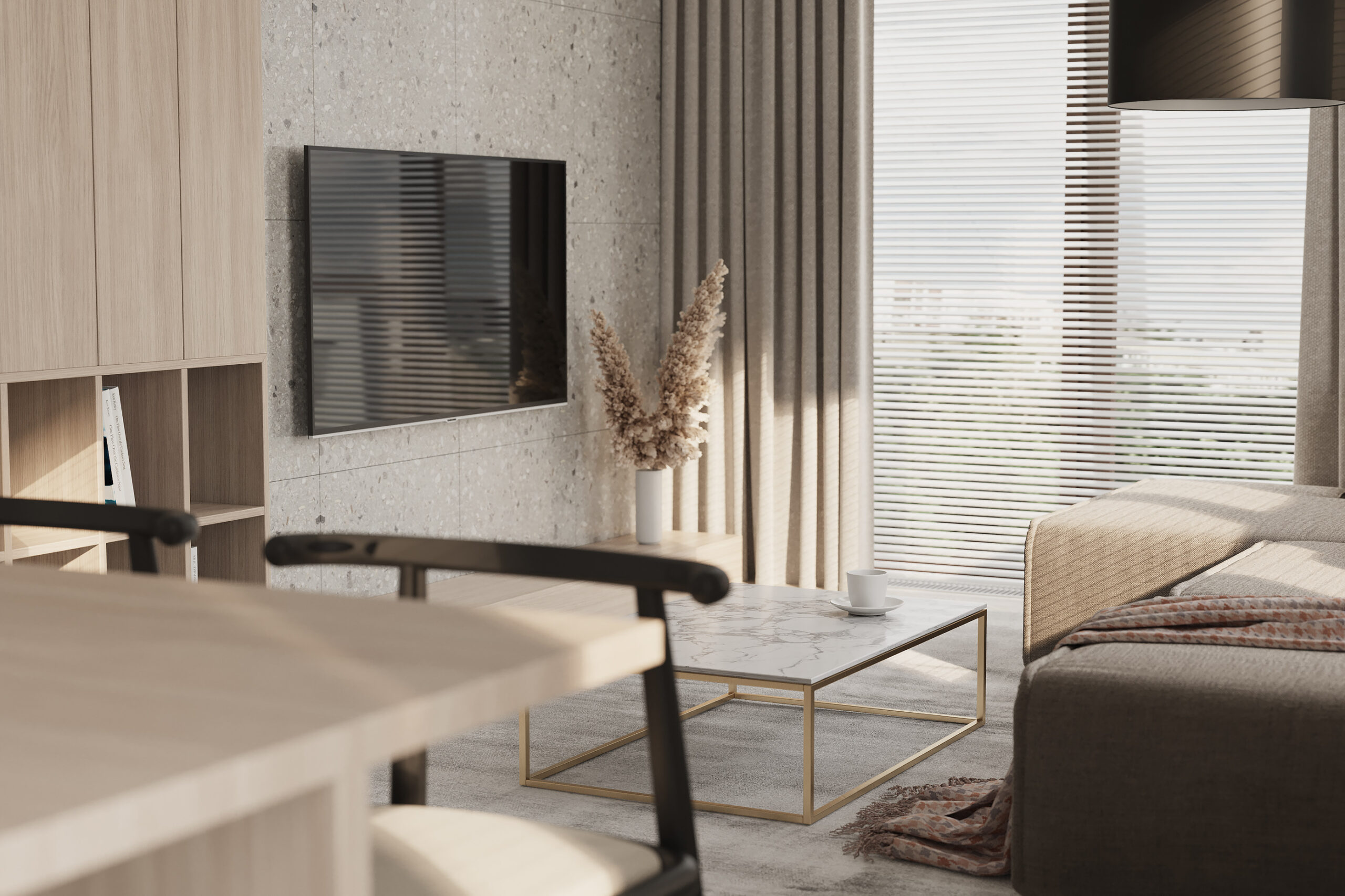 This elegant living room has beige as the main color tone with simple furniture.