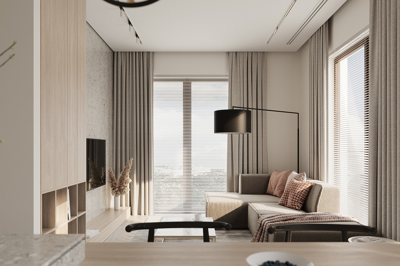 This room is brightened by two large glass windows that bring in a lot of sunshine.