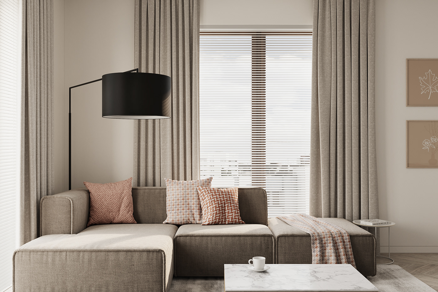 The patterned cushions support this simple brown sofa set.