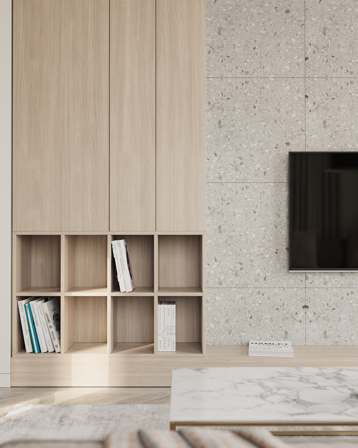 A large built-in storage cabinet with decorative shelves helps organize the space.