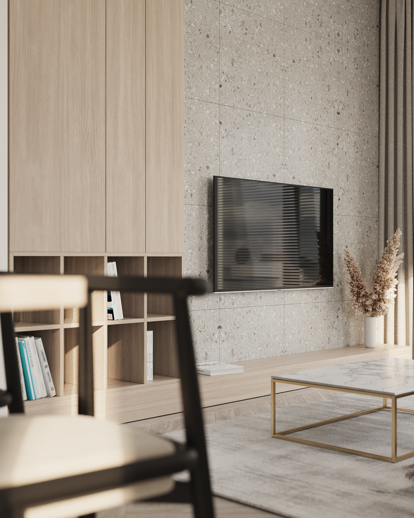 The stone wall behind the TV makes the overall look less monotonous.