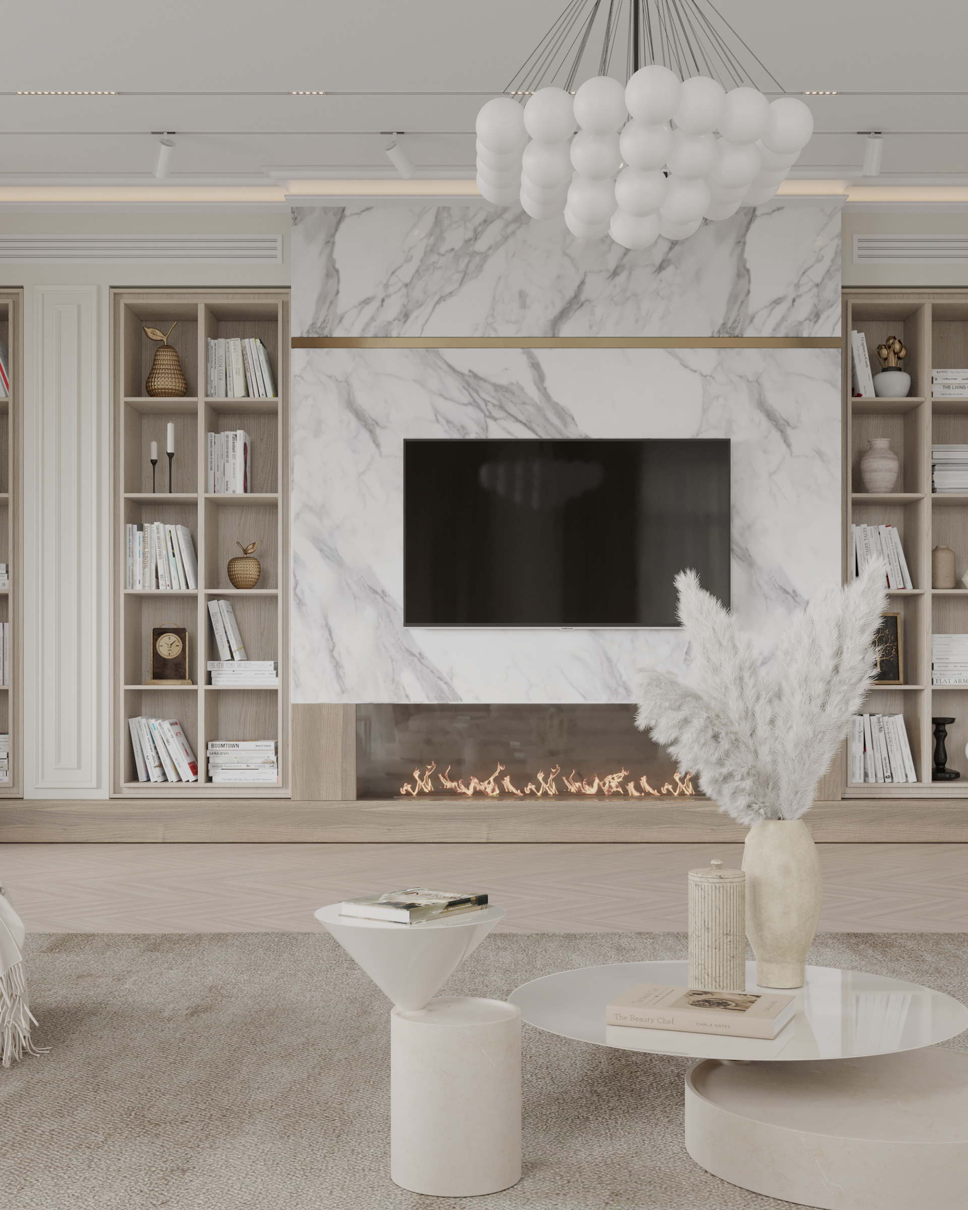 This living room exudes elegance and sophistication with its white tones and marble walls.