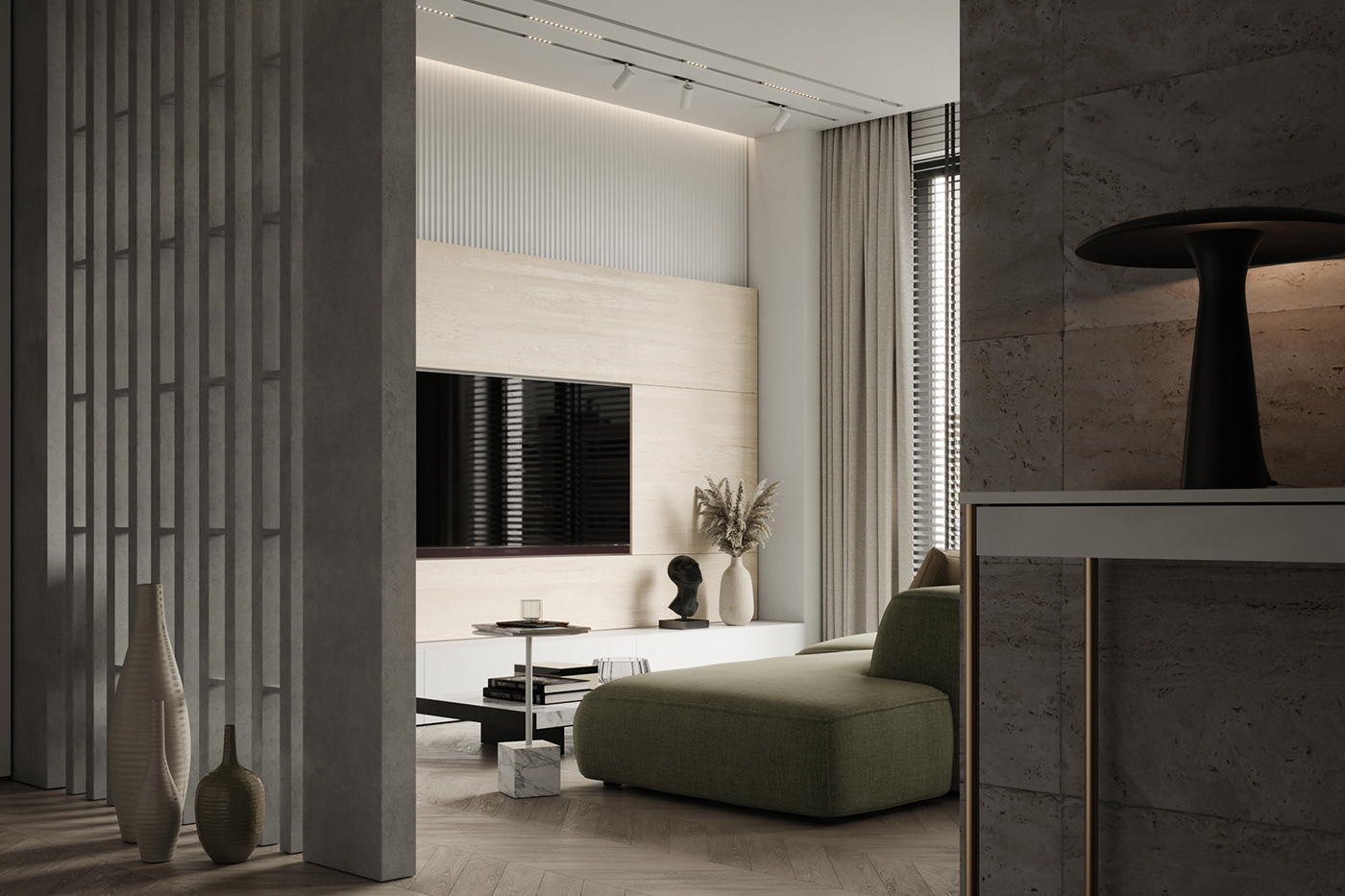 Before entering this bright living room space, there is a gray hallway with a few decorative ceramic pieces that have a contrasting feel.