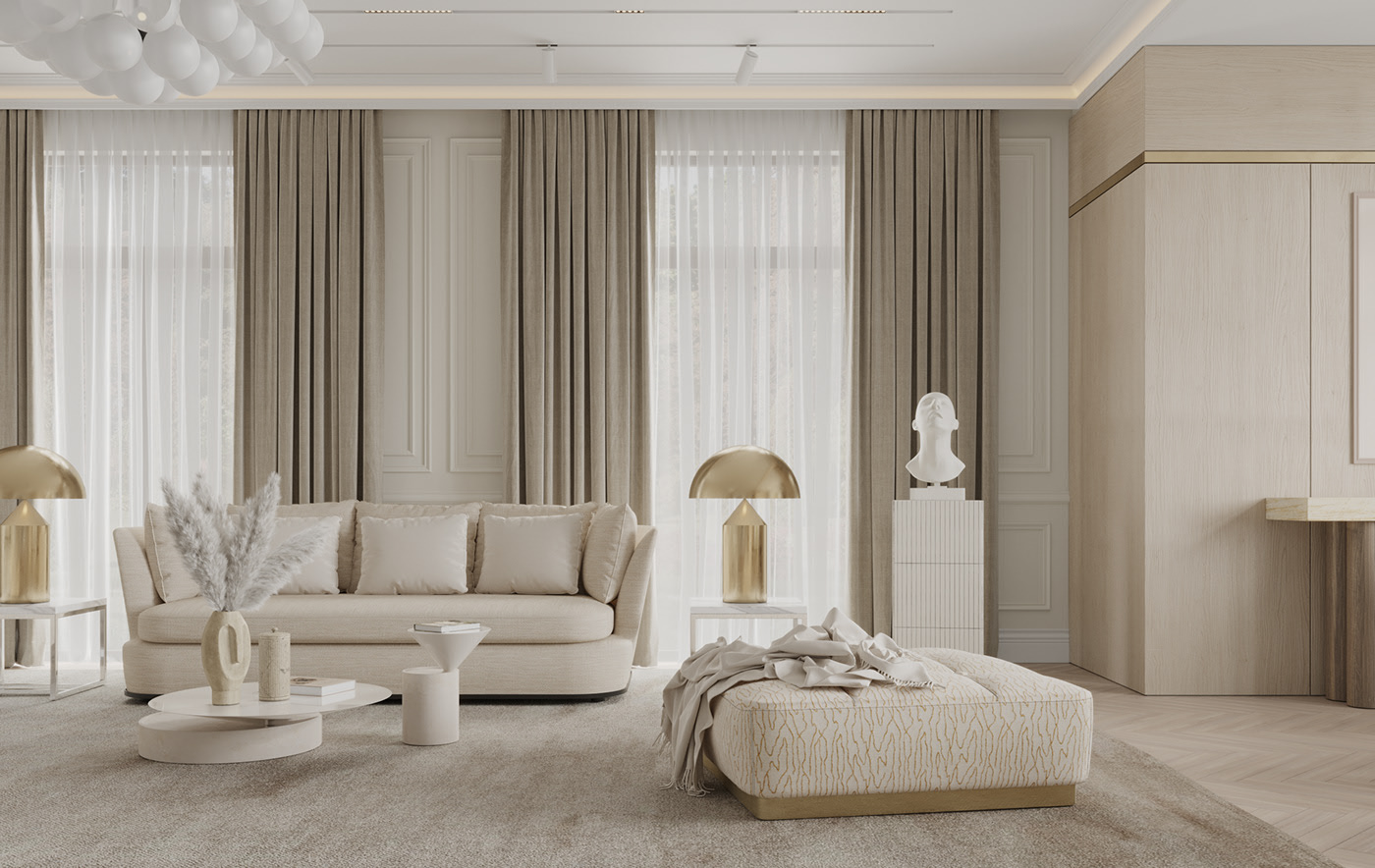 A darker rug than the sofa distinguishes it in this large space.