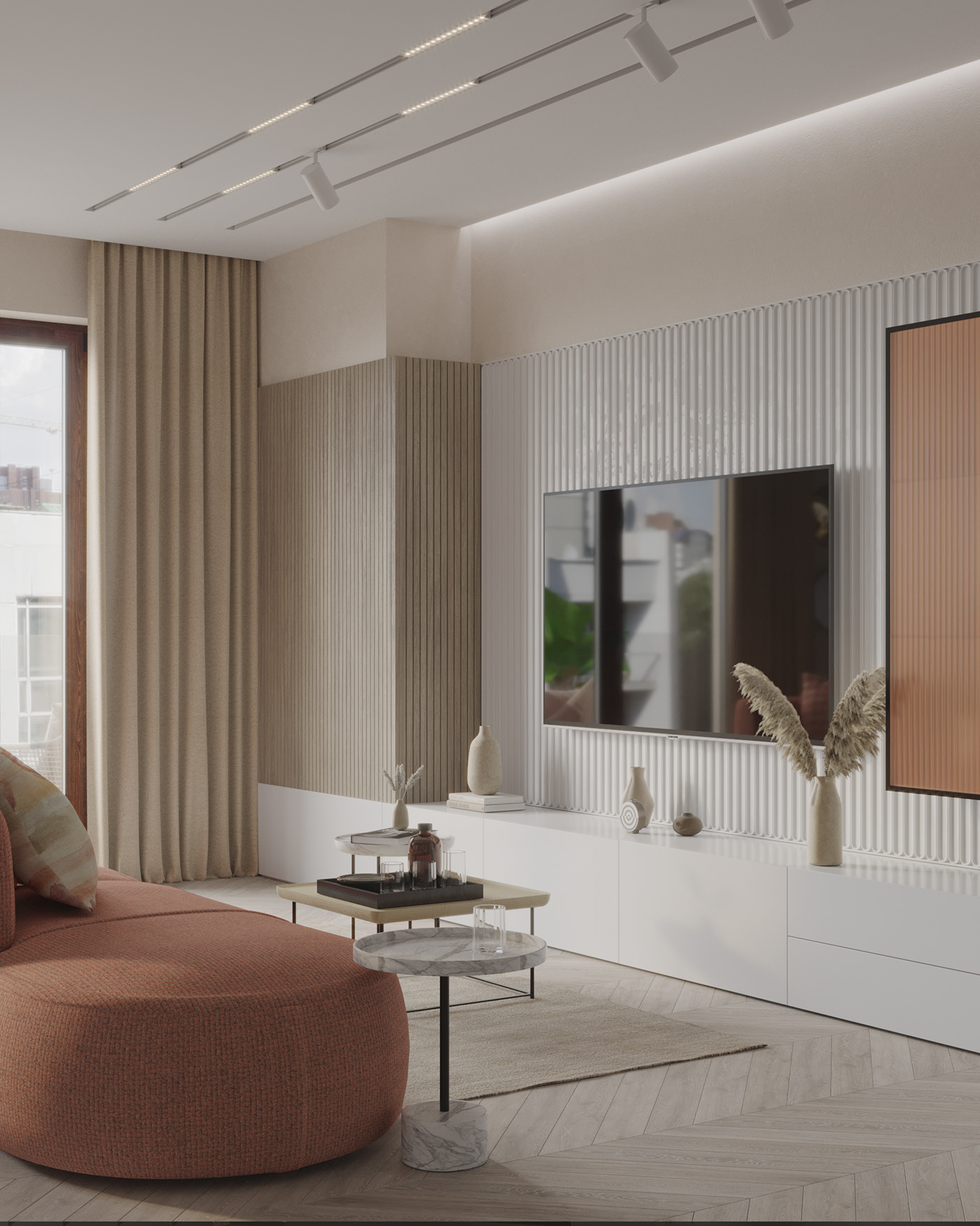 Instead of a plain wall, this TV wall's texture variation is a distinctive feature of the living room.