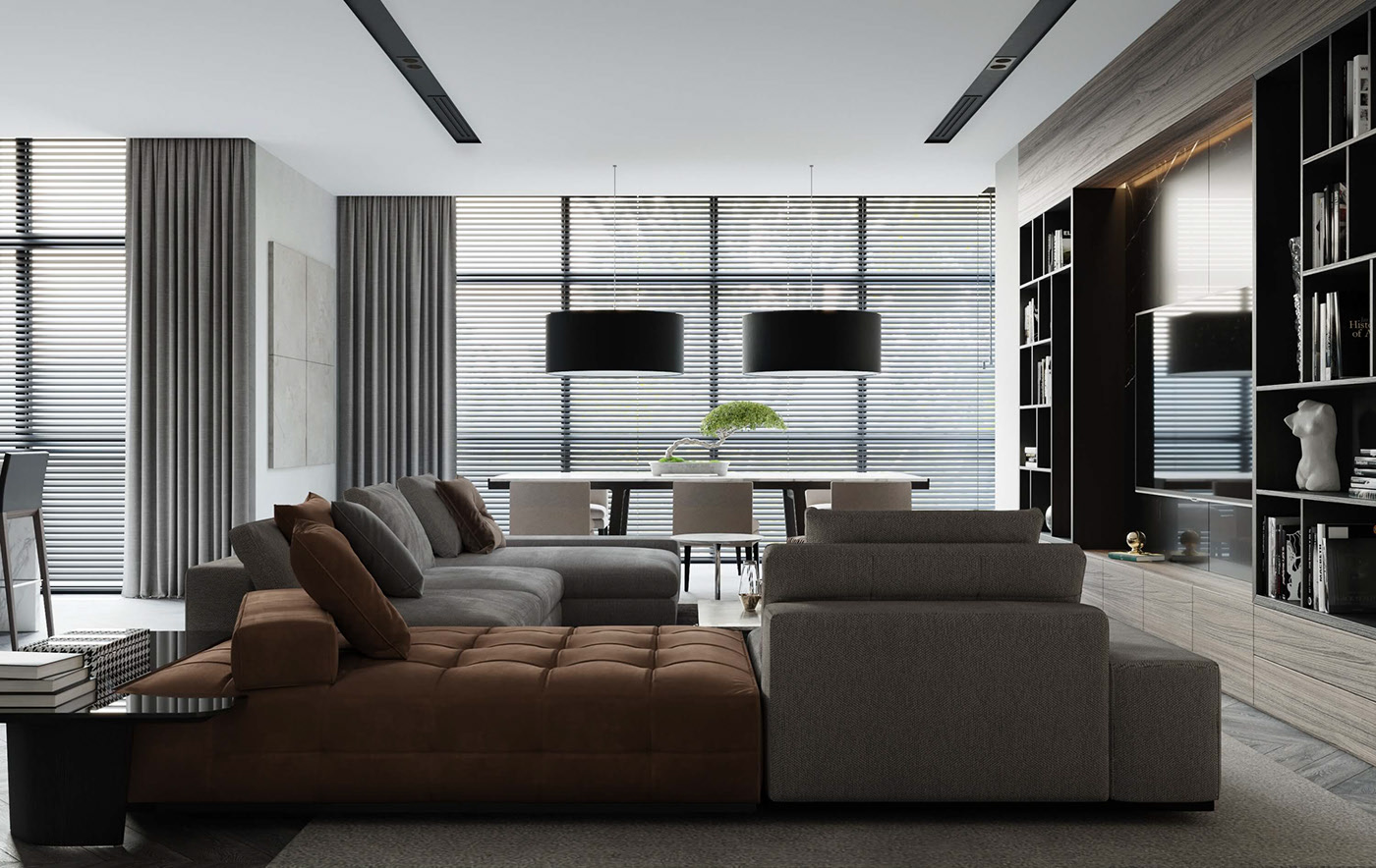 A large sofa set in two apparently irrelevant colors creates an intriguing effect.