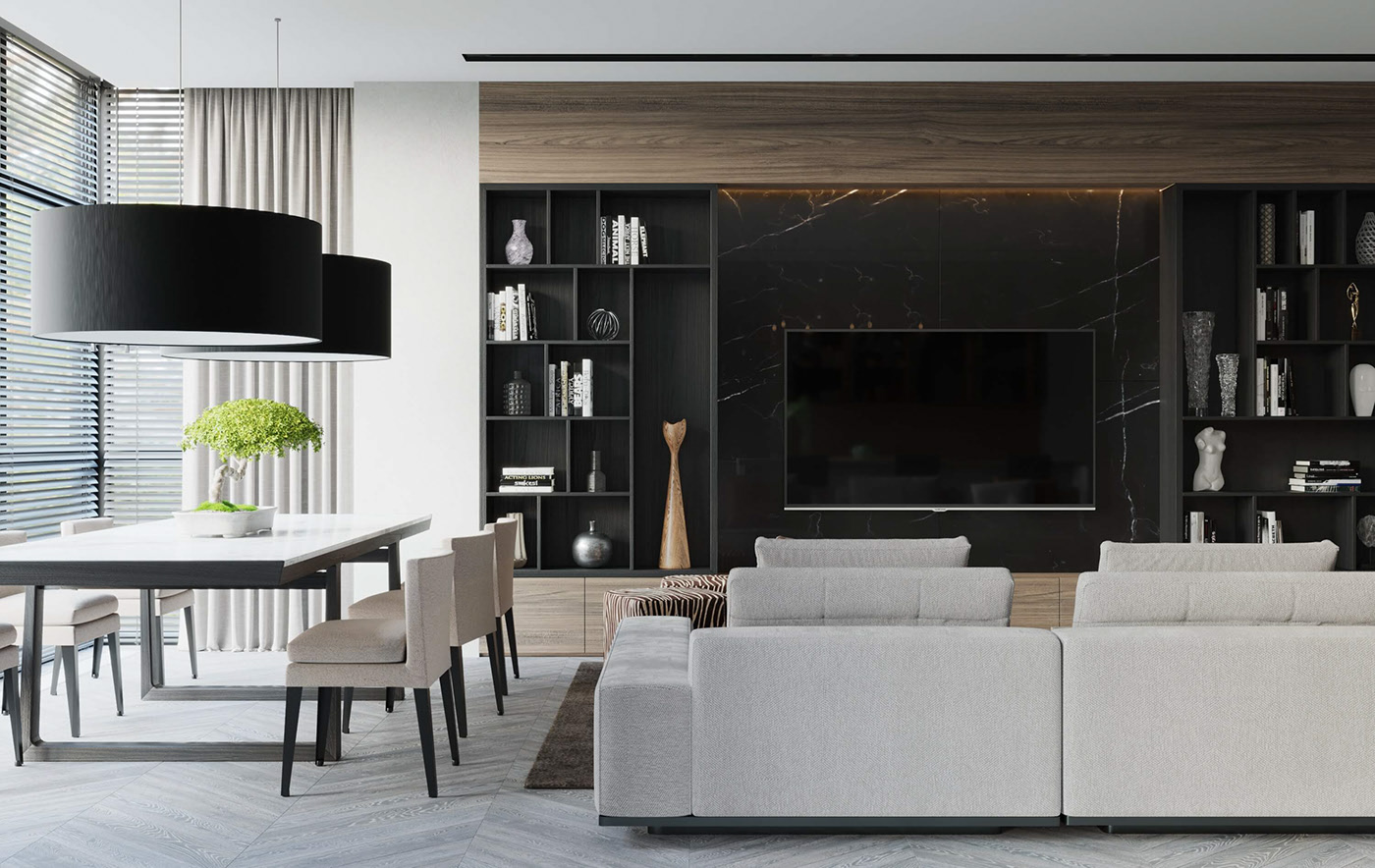 White decorative objects highlight the TV wall corner with mysterious black tones.