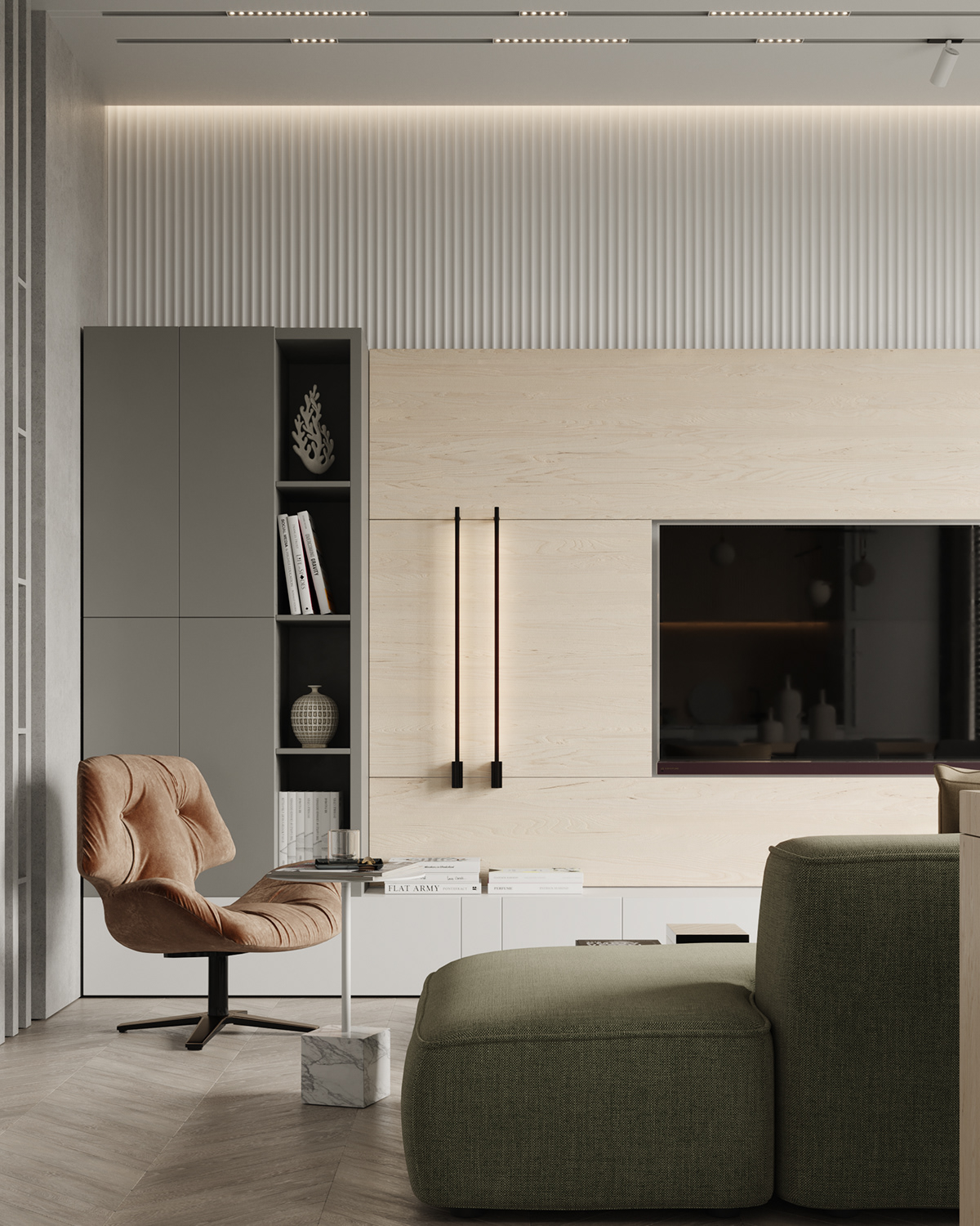 A gray cabinet with decorative shelves is an excellent way to increase storage capacity in this area.