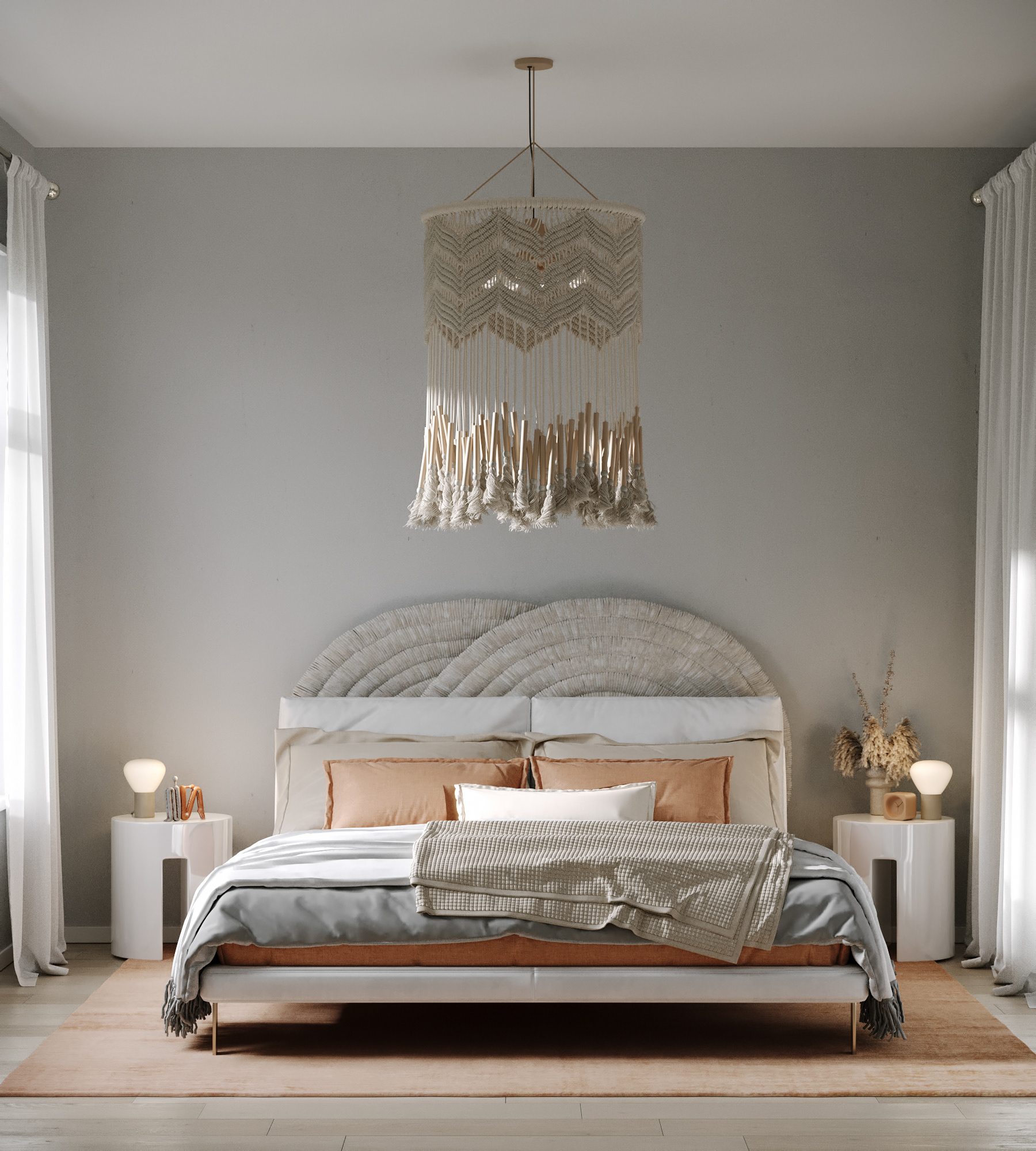 This spacious bedroom is made into a simple but lovely space by using a warm tone as the primary color, light gray wall paint, and basic furniture. Natural sunshine can go through the window and white curtain to brighten up the room.