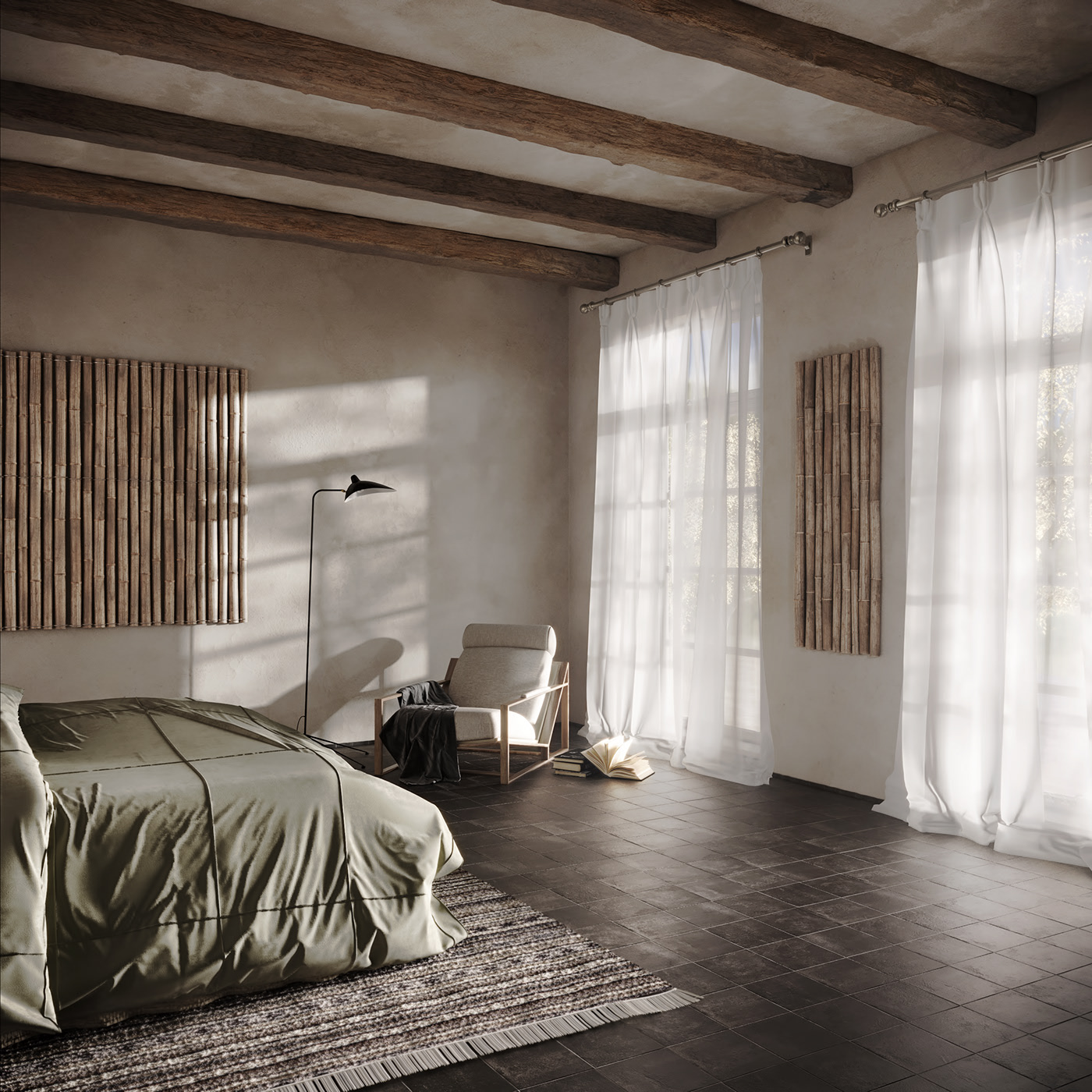 Its ceiling and floor are designed with a rudimentary layout that intentionally creates liberal and strong lines. Two large windows opposite the bed welcome the sunshine through their two thin white curtains, which highlight these lines.