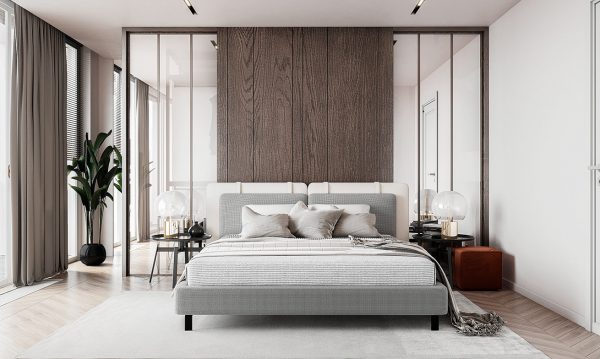 Glass and large wooden panels combine to form a partition with other areas, smoothing the space and allowing sunlight to penetrate.