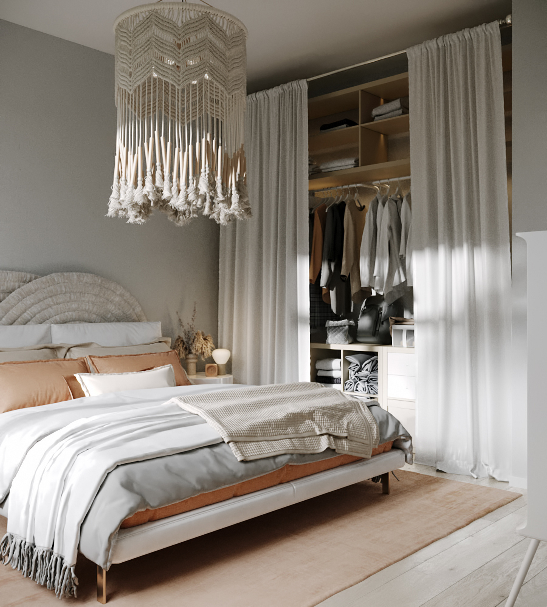 Furniture arrangement makes it easier for the owner to move around. In addition, the bed is positioned parallel to cabinets, which are tidy and clean. Instead of wooden doors, white curtains are used to hide the wardrobe which is also a good way to increase the illumination for the bedroom.