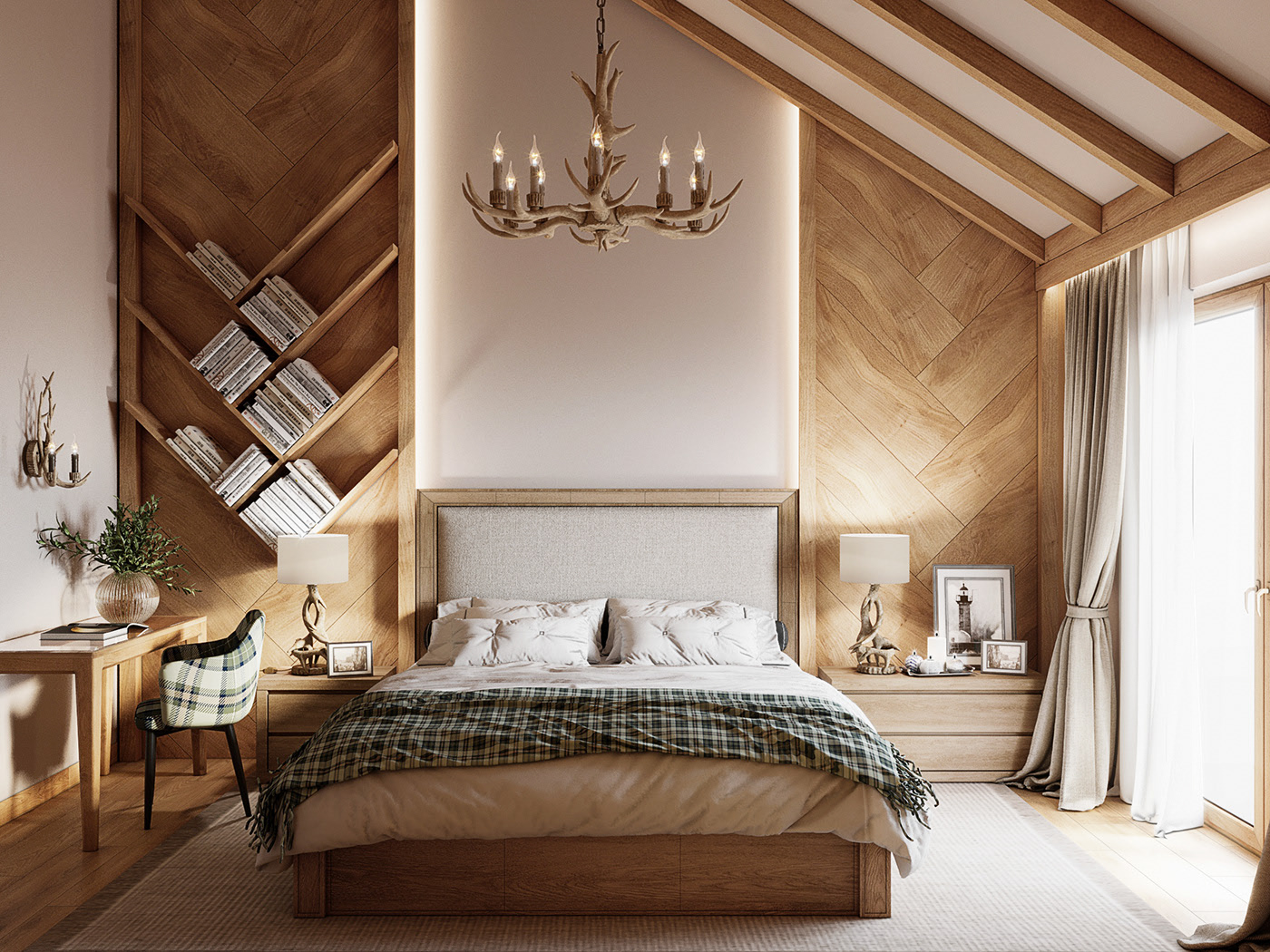 A typical warm room with wood as the main material, its design is preferred in Nordic countries where the climate is cold. It is a good idea to reduce the cold with sunlight from the window.