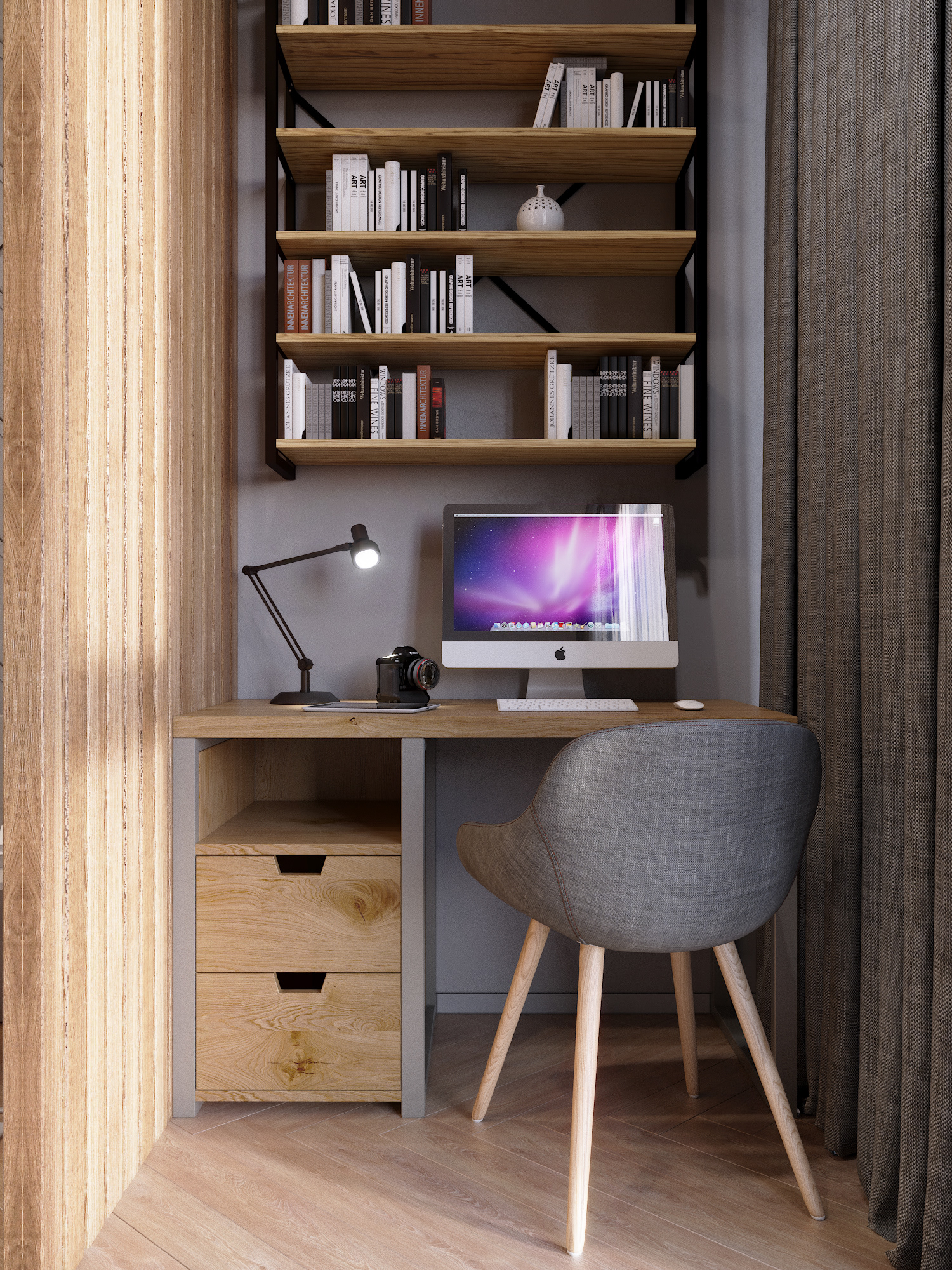 A large wooden panel separates a working corner with all necessary tools such as a desk, chair, and bookshelf from the bed to ensure concentration.