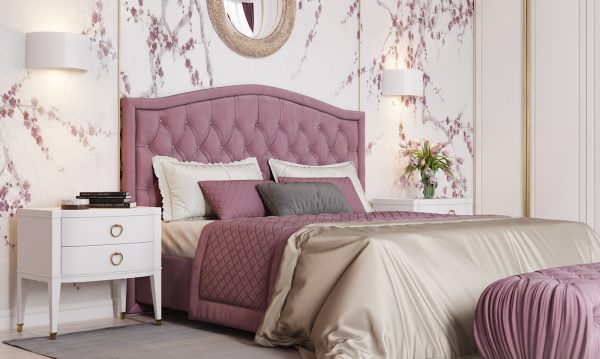 With a flower wall that matches its drape color, the room perfectly embodies spring.